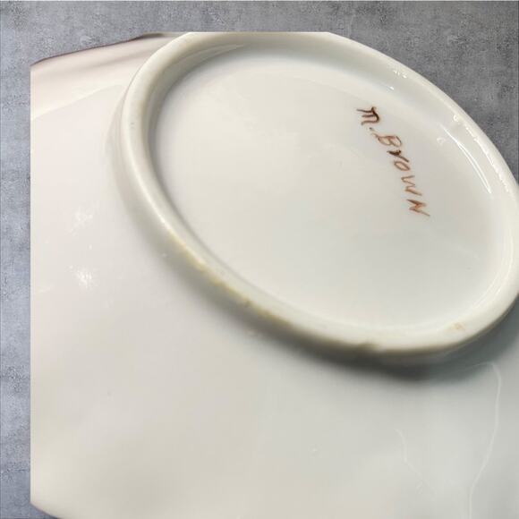 Vtg Hand Painted Porcelain Trinket Dish Pink Plum Blossoms Gold Rim M. Brown - Picture 3 of 9